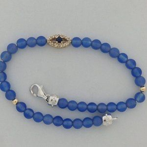 Natural Blue Agate, Diamond and Sapphire Bracelet Solid 14kt Gold and 925 Silver